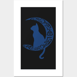 Blue Celtic Moon Cat Triquetra Posters and Art